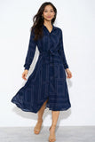 8Pcs Navy Modern Line Print Belted Shirt Dress