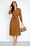 8Pcs Tan Modern Line Print Belted Shirt Dress