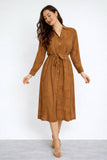 8Pcs Tan Modern Line Print Belted Shirt Dress