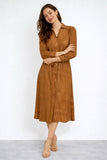 8Pcs Tan Modern Line Print Belted Shirt Dress