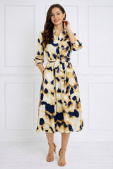 8Pcs Ink Wash Print Belted Midi Shirt Dress
