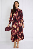 8Pcs Burgundy Tie-Dye Print Pleated Skirt Maxi Dress