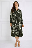 8Pcs Green Botanical Print Belted Midi Shirt Dress