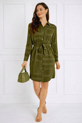 8Pcs Olive Geometric Print Belted Mini Shirt Dress