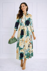 8Pcs Green Watercolor Print Satin Maxi Shirt Dress