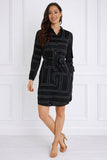 8Pcs Black Geometric Print Belted Mini Shirt Dress