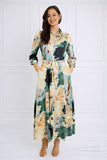 8Pcs Green Watercolor Print Satin Maxi Shirt Dress