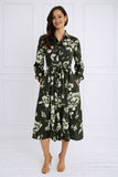 8Pcs Green Botanical Print Belted Midi Shirt Dress