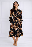 8Pcs Navy Botanical Print Belted Midi Shirt Dress