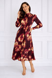 8Pcs Burgundy Tie-Dye Print Pleated Skirt Maxi Dress