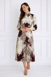 8Pcs Burgundy and Cream Baroque Print Pleated Skirt Maxi Dress