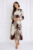 8Pcs Burgundy and Cream Baroque Print Pleated Skirt Maxi Dress