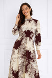 8Pcs Burgundy and Cream Baroque Print Pleated Skirt Maxi Dress