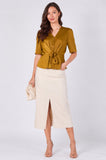 8Pcs Olive Satin Tie Front Short Sleeve Top