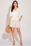 8Pcs Ivory Satin Tie Front Short Sleeve Top