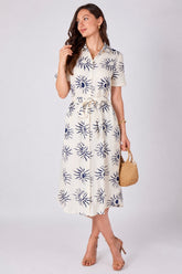 8Pcs Cream Sun Print Shor Sleeve Midi Shirt Dress