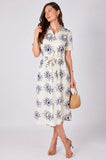 8Pcs Cream Sun Print Shor Sleeve Midi Shirt Dress