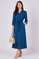 8Pcs Teal Button Front Belted Maxi Shirt Dress