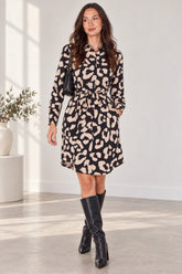 Love Sunshine Black Leopard Print Mini Shirt Dress Brunch Dress Casual Dress Dress with Pockets Dresses Everyday Dress Leopard Print Dress Long Sleeve Dress LS-5026 Workwear Dress