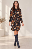 Love Sunshine Black Rust Floral Print Tie Waist Shirt Dress Brunch Dress Casual Dress Dress with Pockets Dresses Everyday Dress Leopard Print Dress Long Sleeve Dress LS-5026 Workwear Dress