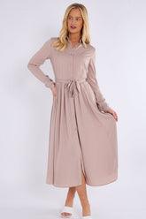 8Pcs Champagne Layered Satin Long Sleeve Maxi Shirt Dress
