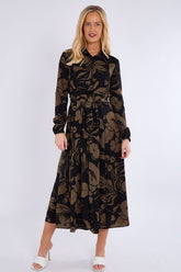 8Pcs Khaki Abstract Floral Print Midaxi Shirt Dress