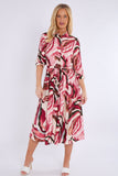 8Pcs Berry and Pink Pattern Print Midi Shirt Dress