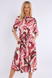 8Pcs Berry and Pink Pattern Print Midi Shirt Dress