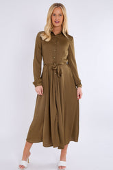 8Pcs Olive Layered Satin Long Sleeve Maxi Shirt Dress