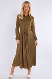 8Pcs Olive Layered Satin Long Sleeve Maxi Shirt Dress