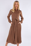 8Pcs Mocha Layered Satin Long Sleeve Maxi Shirt Dress
