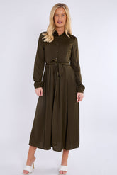 8Pcs Khaki Layered Satin Long Sleeve Maxi Shirt Dress