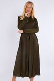8Pcs Khaki Layered Satin Long Sleeve Maxi Shirt Dress