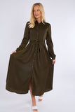 8Pcs Khaki Layered Satin Long Sleeve Maxi Shirt Dress