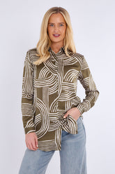 8Pcs Olive Geometric Print Bubble Satin Shirt