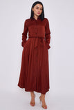 8Pcs Rust Layered Satin Long Sleeve Maxi Shirt Dress