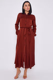 8Pcs Rust Layered Satin Long Sleeve Maxi Shirt Dress