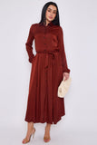 8Pcs Rust Layered Satin Long Sleeve Maxi Shirt Dress