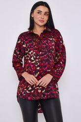 8pcs Wine Leopard Print Satin Oversized Shirt