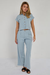 6Pcs Baby Blue Pinstripe Linen Shirt and Trousers set