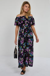 6Pcs Purple Tropical Floral Off-Shoulder Maxi Dress