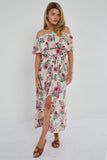 6Pcs Pink Tropical Floral Off-Shoulder Maxi Dress