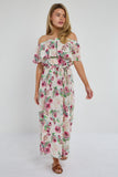 6Pcs Pink Tropical Floral Off-Shoulder Maxi Dress