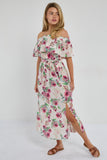 6Pcs Pink Tropical Floral Off-Shoulder Maxi Dress