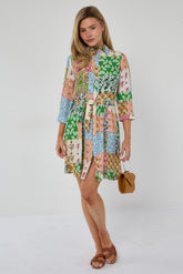8Pcs Multicolour Patchwork Print Mini Shirt Dress