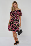 6Pcs Black Iris Floral Off-Shoulder Miini Dress
