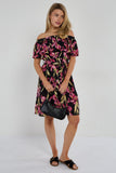 6Pcs Black Iris Floral Off-Shoulder Miini Dress
