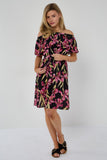 6Pcs Black Iris Floral Off-Shoulder Miini Dress