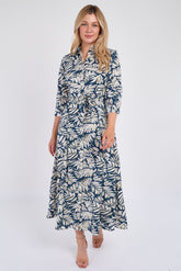 8Pcs Navy Leaf Print Maxi Shirt Dress