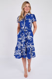 8Pcs Cobalt Floral Print Frilled Hem Midi Dress